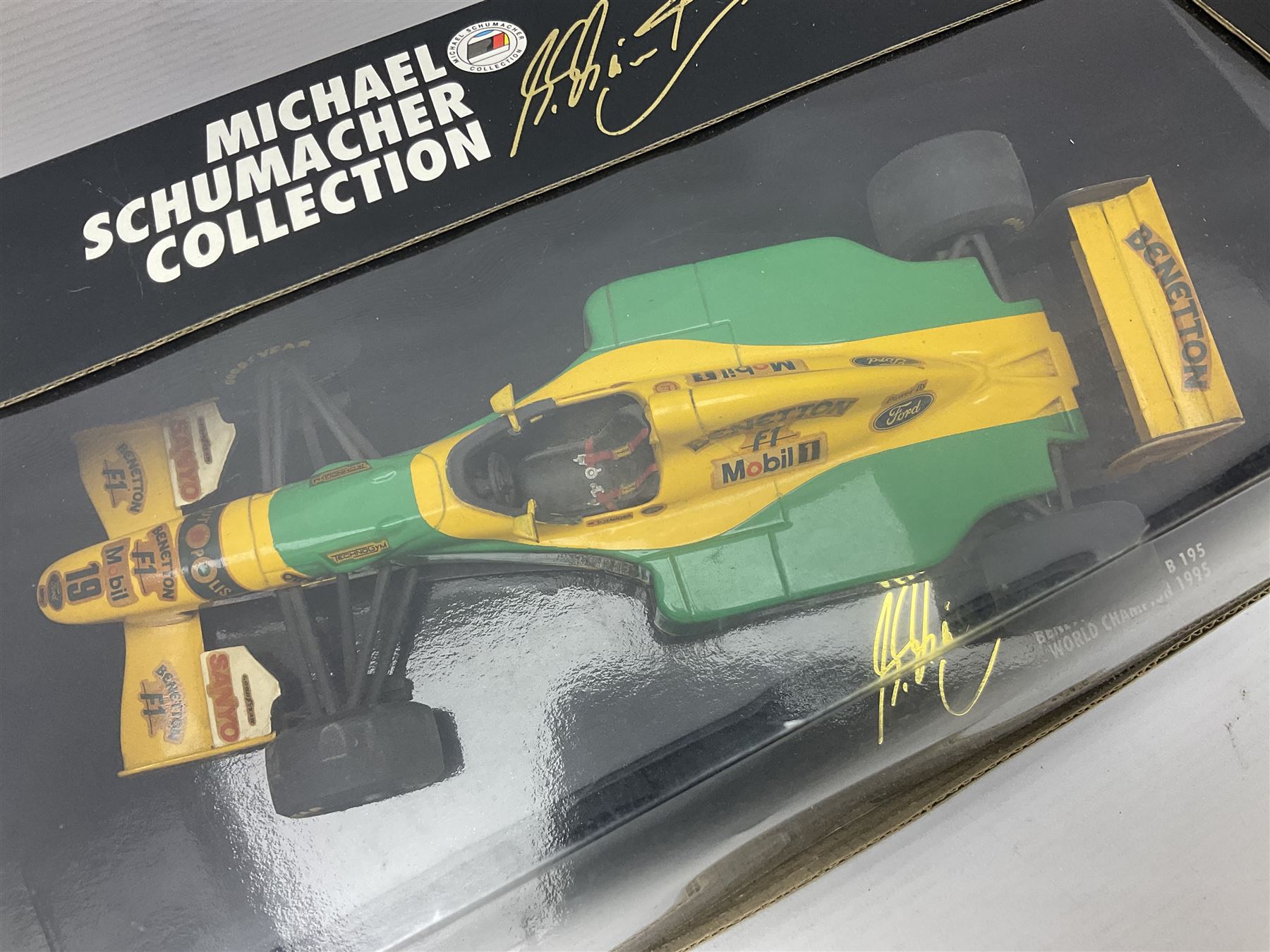 Four Paul's Model Art 1:18 scale die-cast racing cars - Jacques Villeneuve Williams Mecachrome Launch Version 1998 and Williams Renault FW19; Ralf Schumacher Jordan Peugeot 197; and Michael Schumacher Benetton Renault B195 World Champion 1995; all boxed (4)