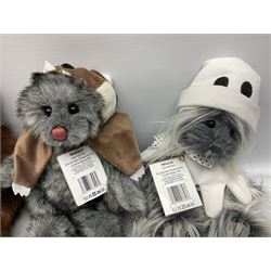 Six Charlie Bears, comprising Nutmeg CB621329, designed by Isabelle Lee, Toadstool CB195166, Pom Pom CB175154B, Whoooo CB195220O, Bandage CB215274O, and Bearwolf CB215275O, all with tags 