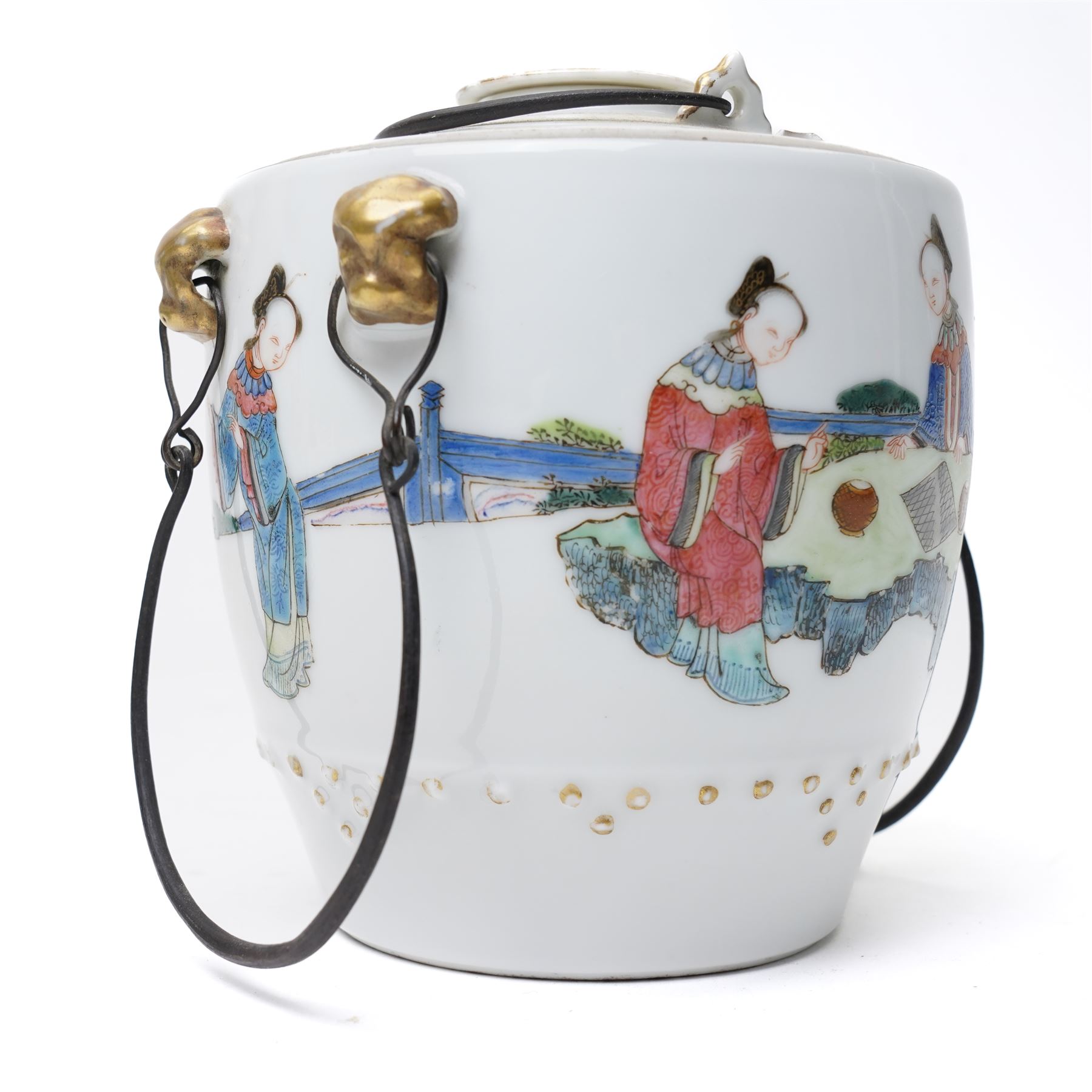 Chinese 18th/19th century Ming dynasty ceremonial teapot carrier, each side painted with scenes of ladies attending a tea ceremony, the internal teapot also painted with ladies in traditional dress, H13cm; together with a Chinese famille verte vase, painted with a traditional landscape, archaic mark to base, H14.5cm 