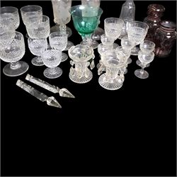 Collection of glassware, including goblets, pair of etched wine glasses, etc