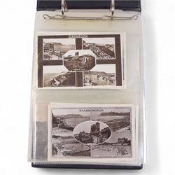 Collection of Scarborough postcards, mostly black and white examples, in postcard album