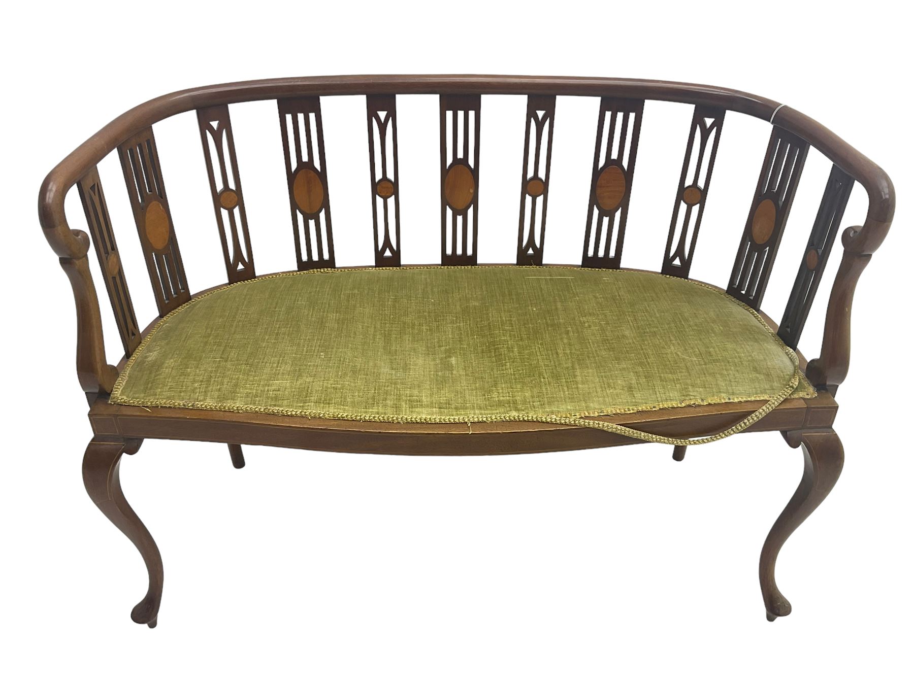 Edwardian inlaid mahogany salon settee or bench, the pierced and inlaid splat back over serpentine front, seat upholstered in laurel green velvet, raised on cabriole supports with satinwood stringing
