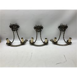 Gothic style iron chandelier with drip pans and twisted branches together with three matching twin wall sconces