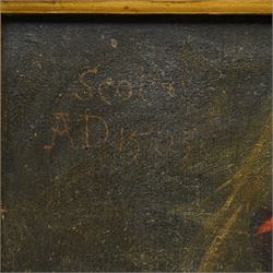 English School (18th century): Portrait of a Gentleman in Historical Scottish Military Costume wearing a Gorget and 'Tam o' Shanter', oil on canvas inscribed 'SCOT A.D. 1532', 53cm x 41cm