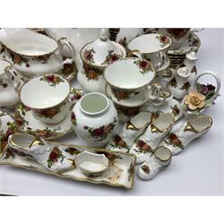 Royal Albert Old Country Roses pattern part tea and dinner service, including coffee pot, miniature teapot and stand, eight dinner plates, cake stand, sauce boat etc 