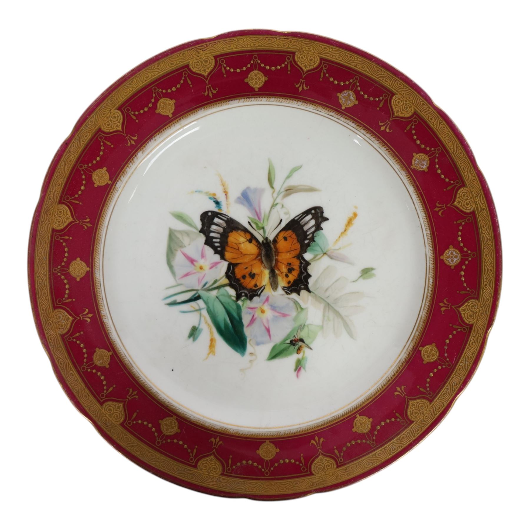 19th century Minton dessert plates, five decorated with a central ornithological study and four decorated with butterflied, each with within a red  and gilt board