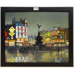  Steven Scholes (Northern British 1952-): 'Piccadilly Circus at Night' London 1965, oil on canvas signed, titled verso 39.5cm x 49.5cm   
