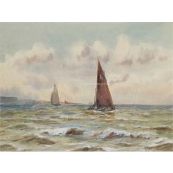 Albert Edward Horsley (British 1861-post1930): Boats off the Yorkshire Coast, watercolour signed and dated '95, 20cm x 27cm 
Notes: Albert Horsley, son of Scarborough picture framer John Horsley, studied under Albert Strange at the Scarborough School of Art where he later worked as Assistant Master from around 1895. He also appears to have worked as a framer like his father as this is his stated profession in the 1891 census and the 1911 trade directory, where he is recorded as living at 4 York Place.