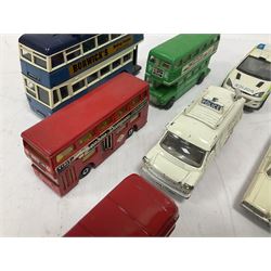 Corgi/Dinky - twenty-four unboxed and playworn die-cast models, predominantly emergency vehicles and buses; including Autocar Isobloc, Superior Criterion Ambulance, Ford Transit Police Vans, Chevrolet Impalas, Minissima, Ausin Mini Police van etc (24)