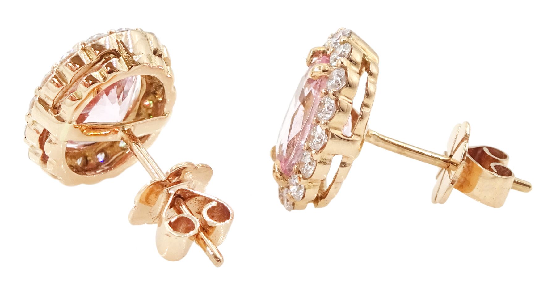 Pair of 18ct rose gold oval cut morganite and round brilliant cut diamond cluster stud earrings, total morganite weight approx 2.85 carat, total diamond weight approx 0.80 carat