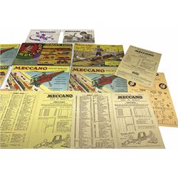 Meccano - toy shop point-of-sale cardboard advertising sign with easel back, depicting a boy finishing a large Eiffel Tower H37cm; nine catalogues 1938/9, 1939/40, 1952, 1953, three x 1956, 1958 and HRCA 1994 copy of 1939/40, bearing various toy shop addresses to front covers, some with price lists; and seven price lists 1949 - 1966.