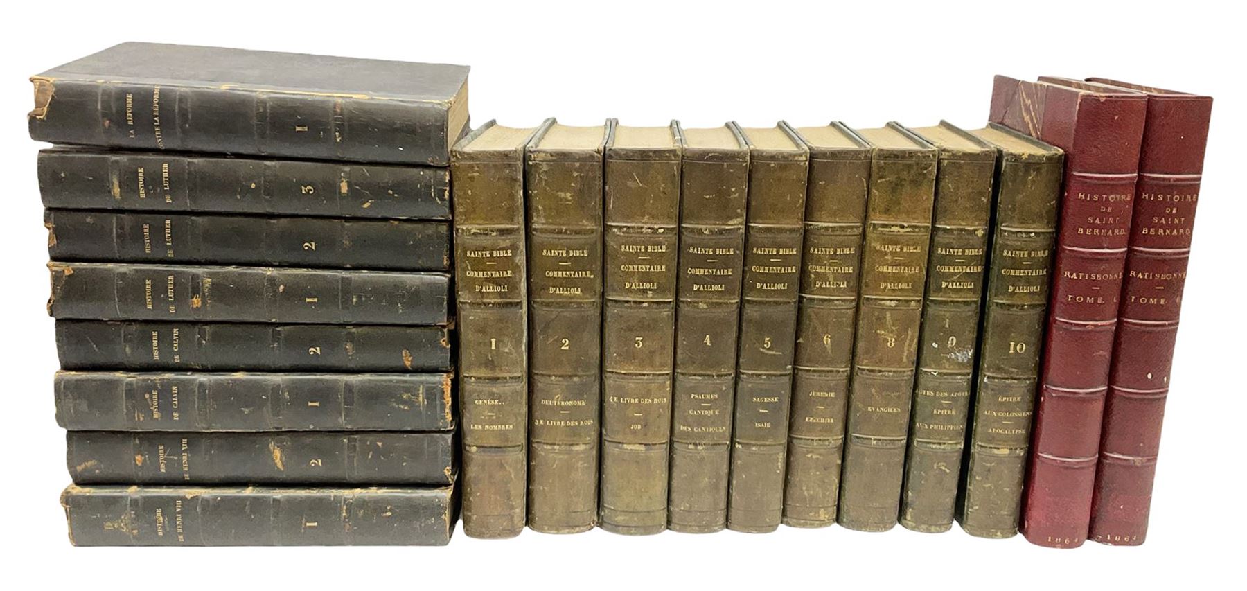 Histoire De Saint Bernard Et De Son Siecle par Le R.P. Marie-Theodore Ratisbonne. 1864 Paris. Two volumes; Nouveau Commentaire Litteral, Critique Et Theologique. 1854 Paris. Nine volumes; and Oeuvres De M. Audin. 1845/7 Paris. Eight volumes. All with leather bindings (19)