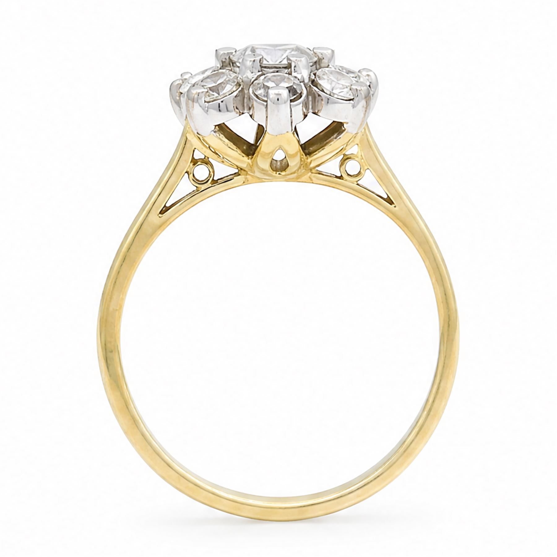 18ct gold diamond flower head cluster ring, principal round cut diamond of approx 0.55 carat, surrounded by six round brilliant cut diamonds, hallmarked, total diamond weight 1.15 carat