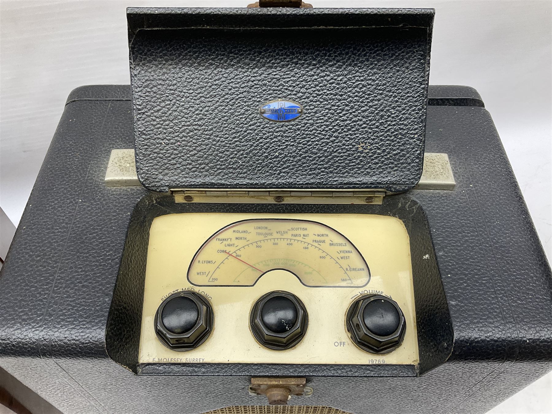 1950s Cossor Melody Maker model 501 UL valve radio, in marbled brown Bakelite case, 1970s ITT KB KP-820 record player, with two detachable speakers forming the lid, Richard Allan Type C810 speaker in walnut veneer case of curved form, H33cm, and another valve radio in black case (4)