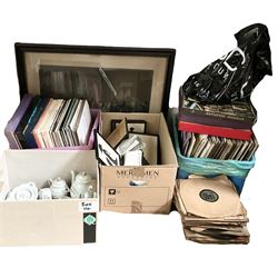 ‘The Early Breakfast’, 19th century hand coloured engraving in Hogarth type frame, vinyl LPs, reproduction silhouettes, two pairs of leather ice skates and tea set depicting a Japanese landscape