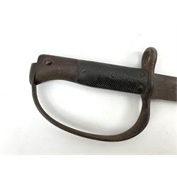 Pattern 1879 Martini Henry Carbine heavy artillery saw-back sword bayonet the 65.5cm fullered blade with various ordnance marks to the ricasso, black chequered grips and D-shaped knuckle guard, lacks scabbard, L79.5cm overall