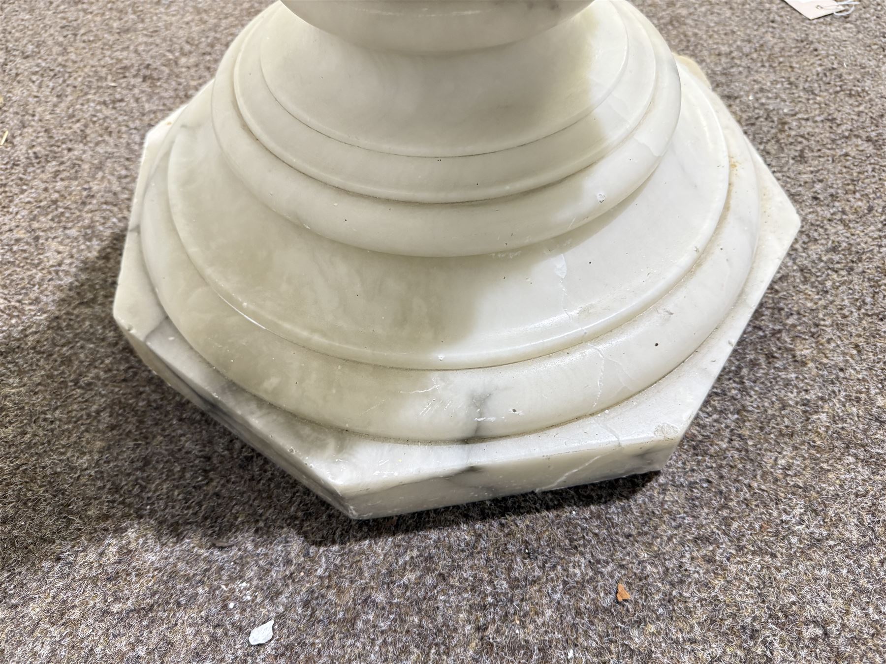 Marble alabaster pedestal, fluted column on acanthus carved base