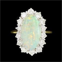 18ct gold opal and round brilliant cut diamond cluster ring, opal approx 1.45 carat, total...