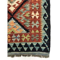 Choli Kilim blue ground rug, geometric patterned field, 158cm x 100cm