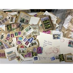 Mostly Queen Elizabeth II stamps, many being mint, from the Channel Islands, Commonwealth countries etc, including Ascension Island, Solomon Islands, Tuvalu, Pitcarian Islands, St. Vincent etc, housed in various albums and folders, loose stamps on pieces etc, in three boxes