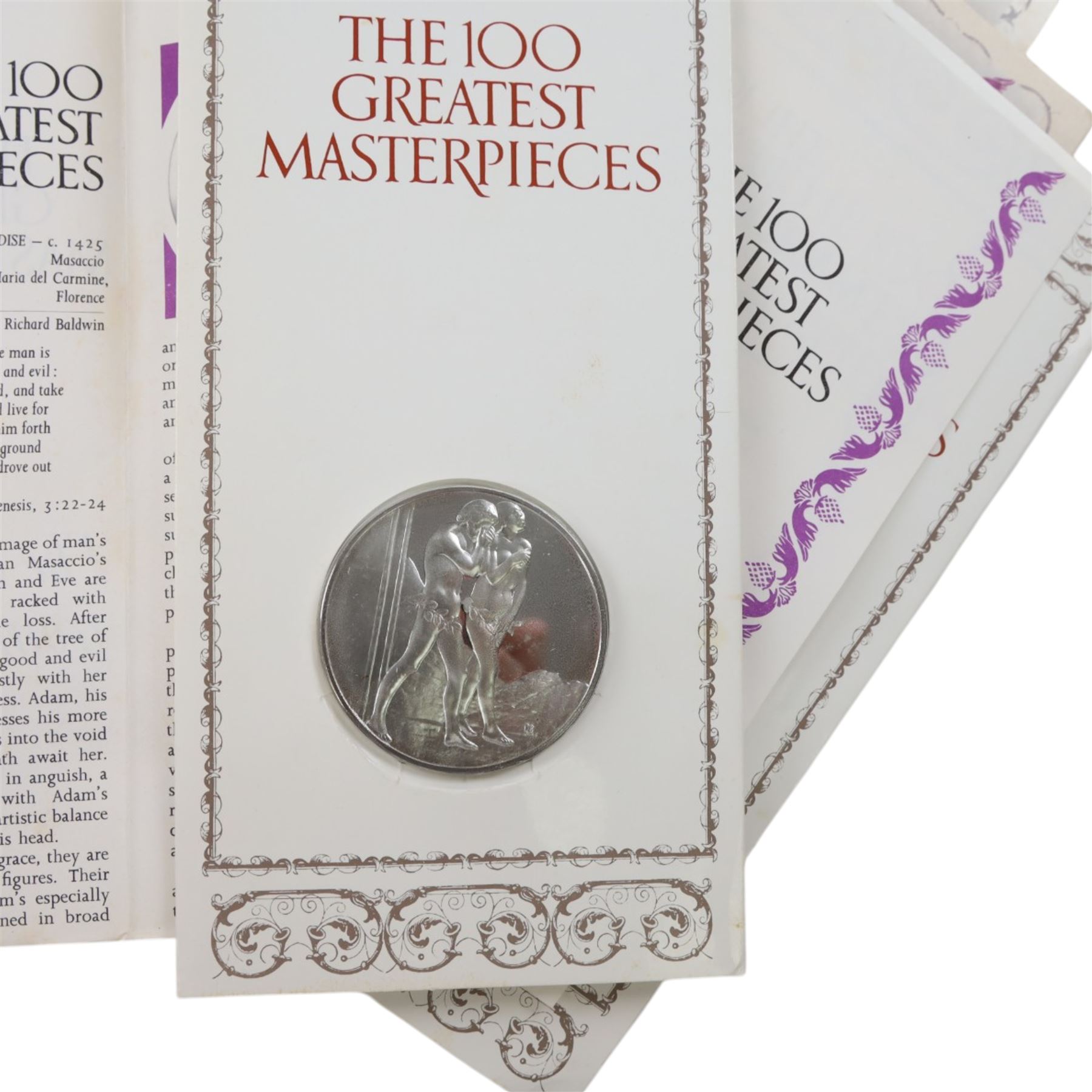 John Pinches 'The 100 Greatest Masterpieces' set of one hundred silver medallions, each on presentation card with information leaflet, together with the corresponding wooden display cabinet