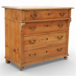 Late Victorian pine chest of drawers, the moulded top above four long drawers with brass drop handles and flower head escutcheons, flanked by pilasters, upon four turned compressed bun feet, 89cm x 103cm x 54cm