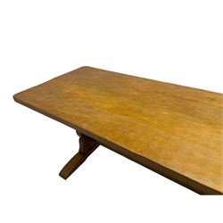 Gnomeman - large oak refectory dining table, rectangular adzed top on shaped end supports with sledge feet, united by pegged stretcher, carved with gnome signature, by Thomas Whittaker, Little Beck