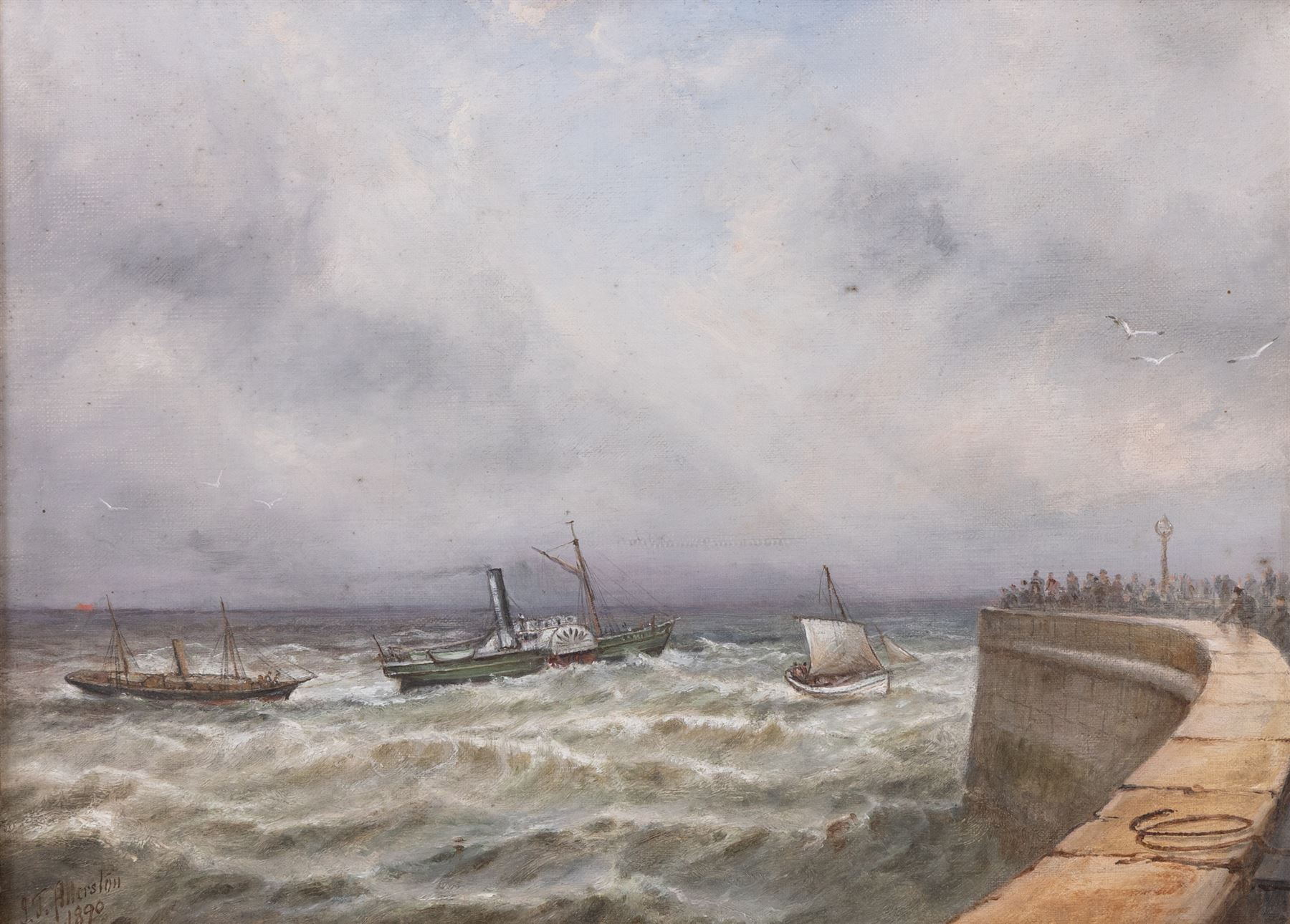 John Taylor Allerston (British 1828-1914): Watching the Boats from the Sea Wall. oil on canvas signed and dated 1890, 26cm x 36cm