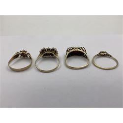 Four 9ct gold stone set rings, including opal and sapphire example, all hallmarked 