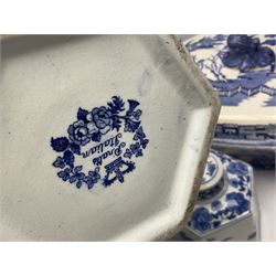Large blue and white twin handled tureen with cover, Copeland Spode bowl, oriental blue and white jar and cover and a pair of blue and white vases