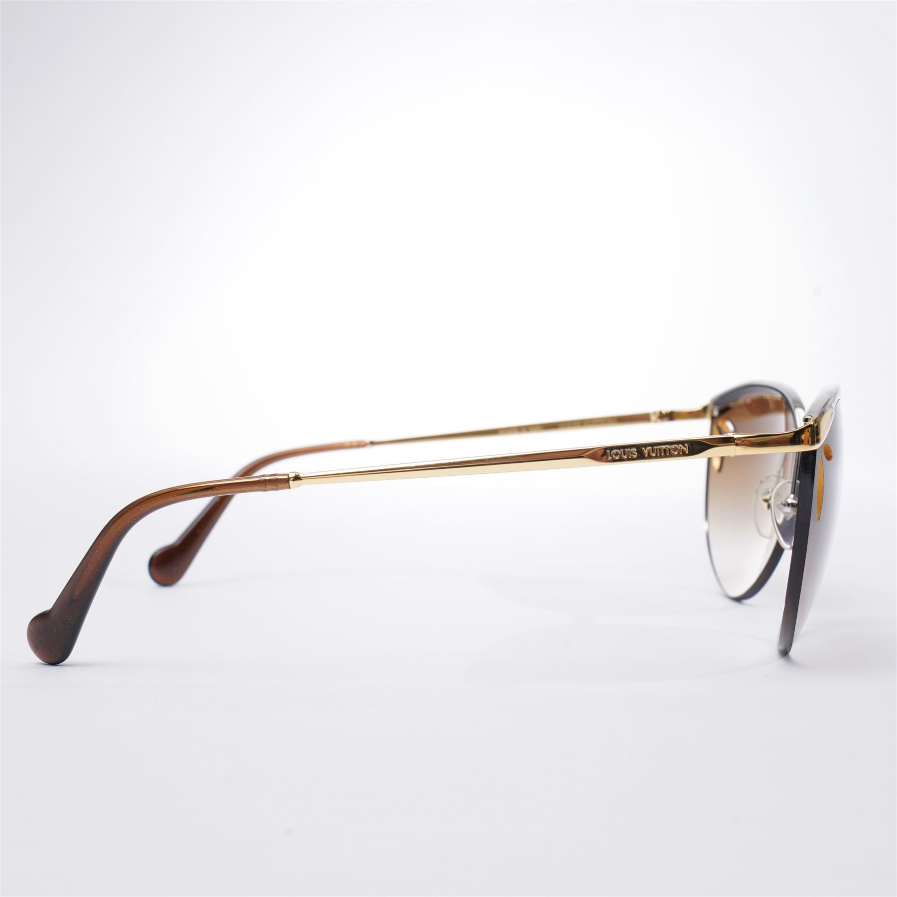 Louis Vuitton - pair of half-rim sunglasses, with gradient tinted lenses with pierced corners, silver and gold-tone frame, the temples signed ‘Louis Vuitton’, unused with original pouch, leather box, booklet and outer box