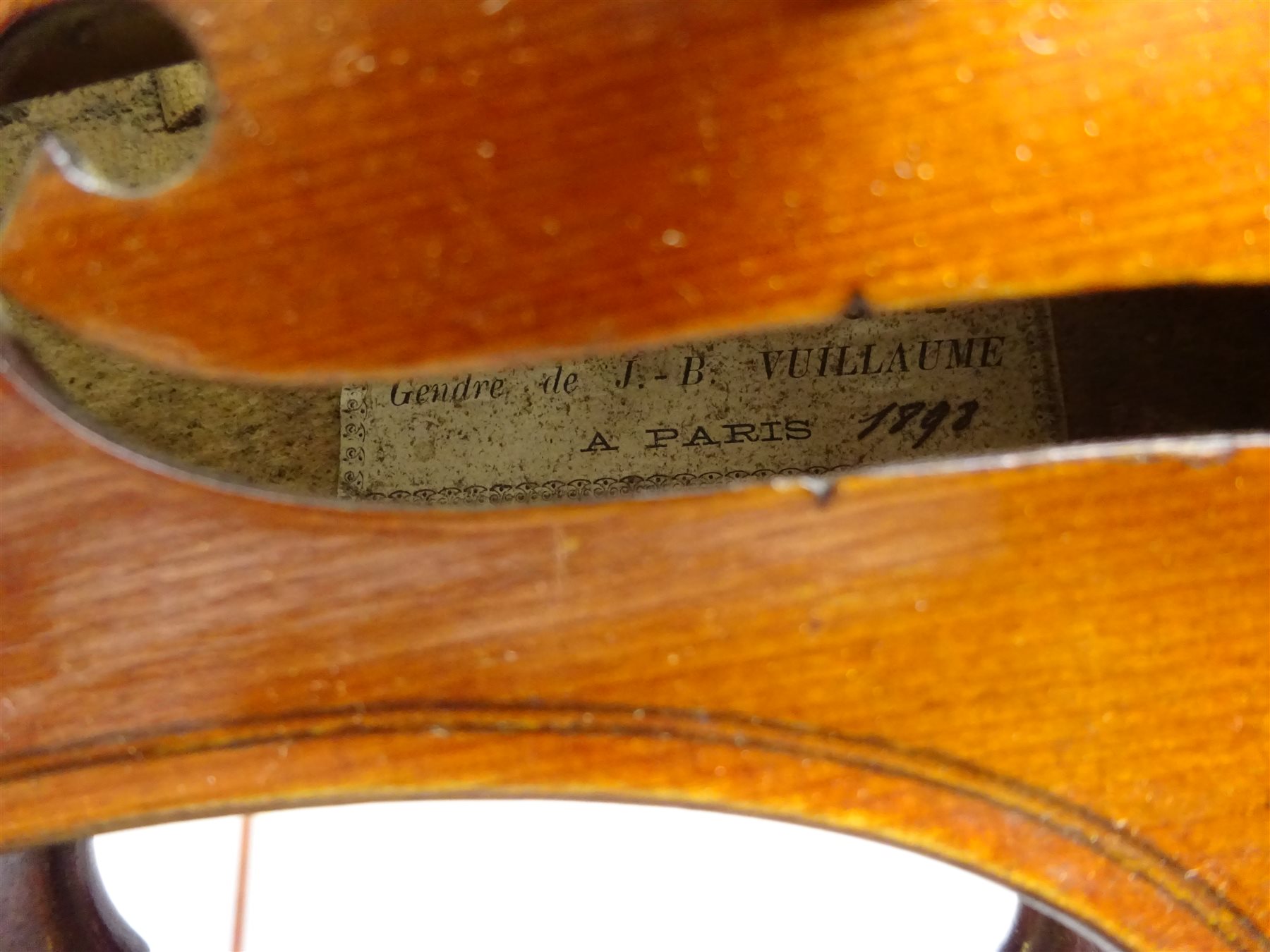 French violin labelled Chipot-Vuillaume, Gendre de J.-B. Vuillaume Paris  inked date for 1893, 35.5cm two-piece figured maple back with spruce top,  L59cm and a pernambuco bow, unmarked with nickel mou - Maritime,