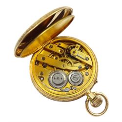 12ct gold open face ladies keyless cylinder fob watch, gilt dial with Roman numerals, engine turned and engraved back case with cartouche, case by Stockwell & Co, London import mark 1915