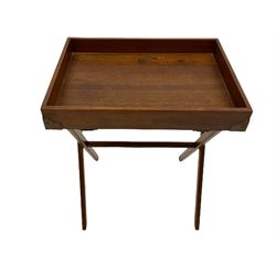 Contemporary military style hardwood butlers tray on stand, with metal brackets and carrying handles