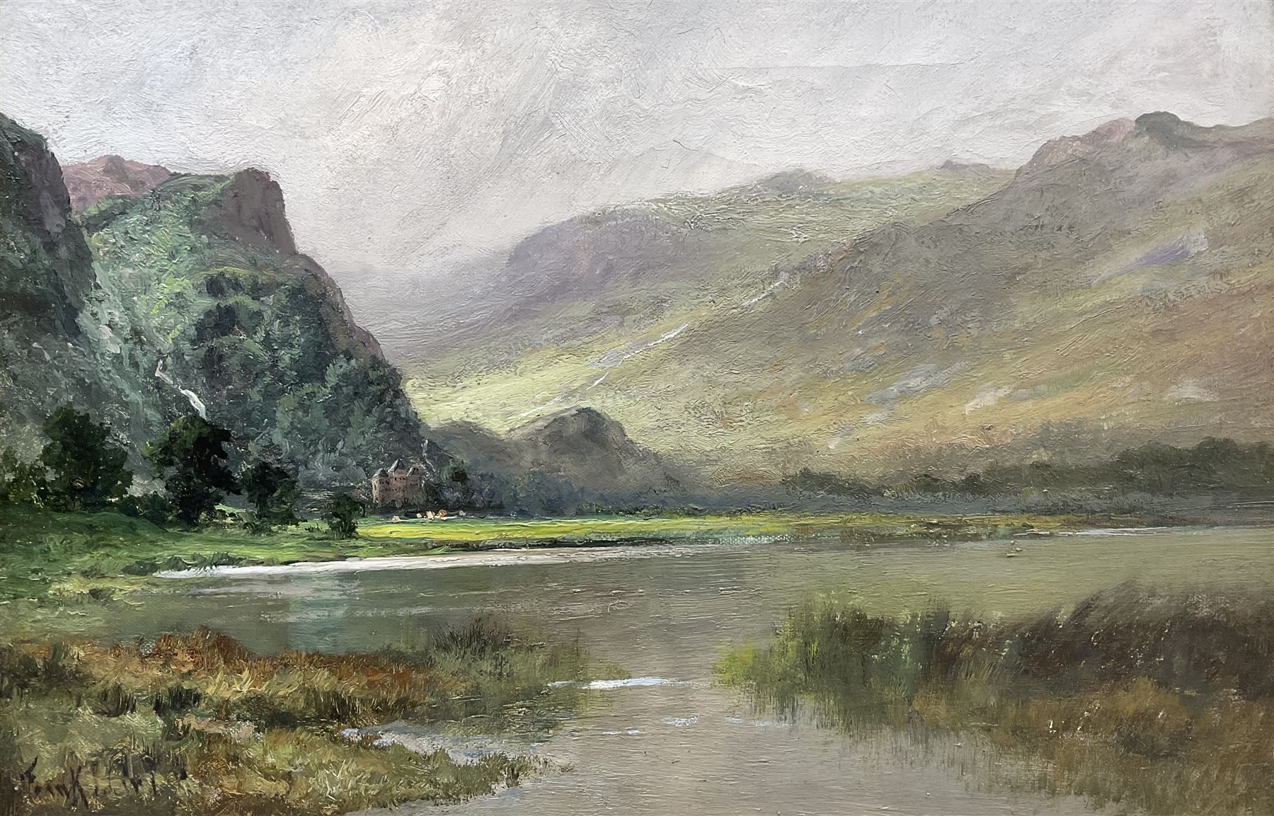 Frank Thomas Carter (British 1853-1934): Loch Landscape with Castle, oil on canvas signed 30cm x 45cm