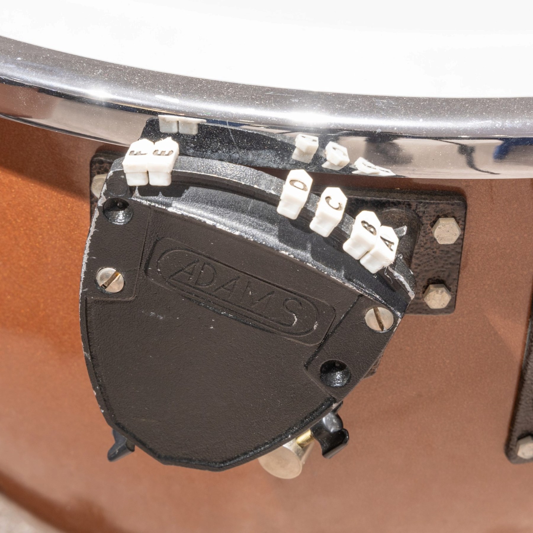 Pair of Adams Universal fibreglass pedal timpani, 29in and 26in, with Remo heads and tuning gauges, with mushroom covers