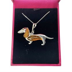 Silver Baltic amber Dachshund pendant necklace, stamped 925 