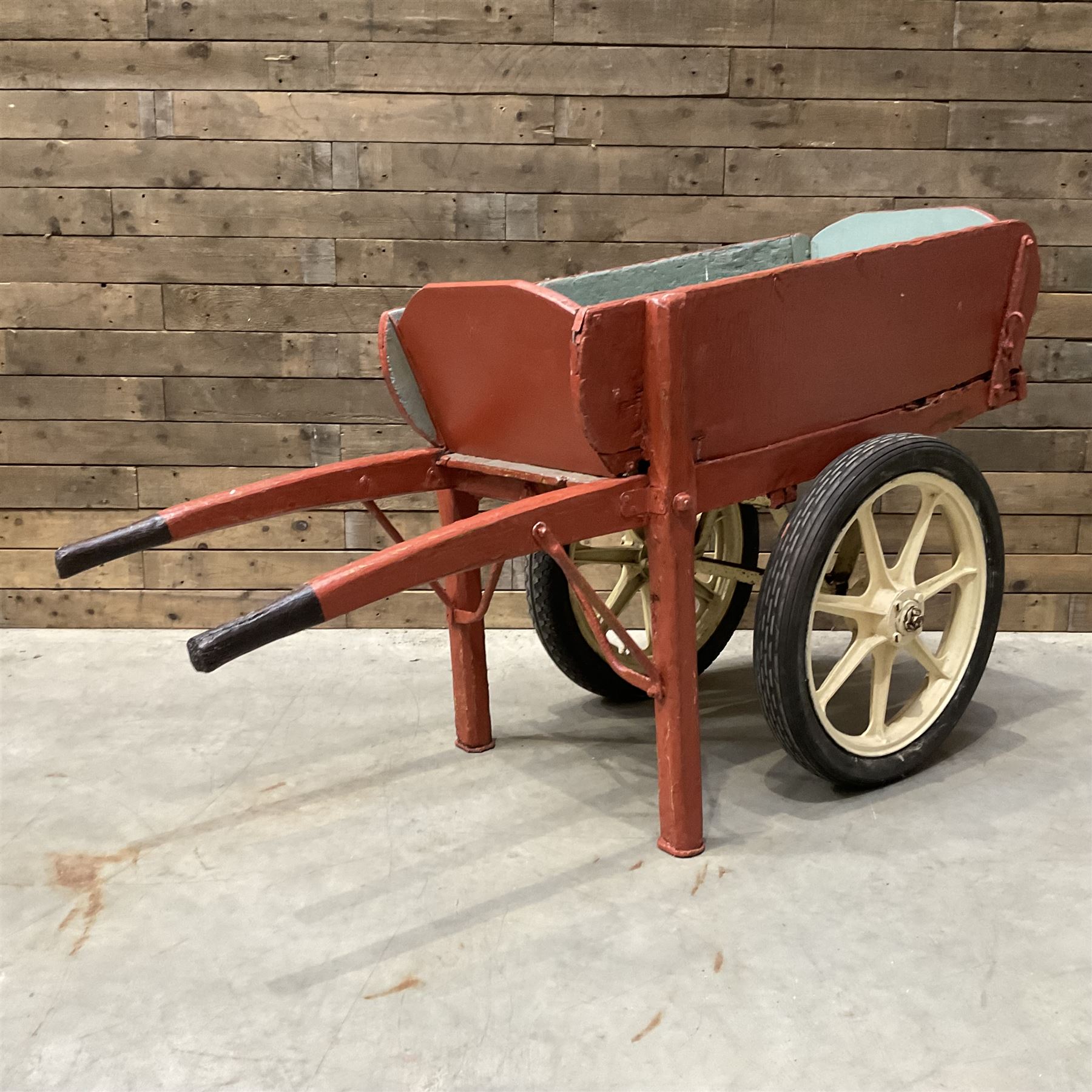Painted timber hand cart on cast iron wheels