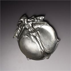 Art Nouveau pewter dish by Achille Gamba, modelled in the form of a female with arms outst...