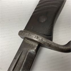 WWI Prussian S98 bayonet with 52cm fullered steel blade dated 1906 to pipeback and marked Solingen to ricasso, regimentally stamped to cross guard 56.R.11.2. for 56 Infanterie Regiment, 11 Kompanie, Waffe 2, L65cm overall; and another in battlefield relic condition (2)