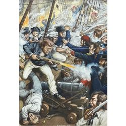 DA Moss (British 20th century): Napoleonic Naval Battle Scene, watercolour signed and dated 1974, 35cm x 25cm
