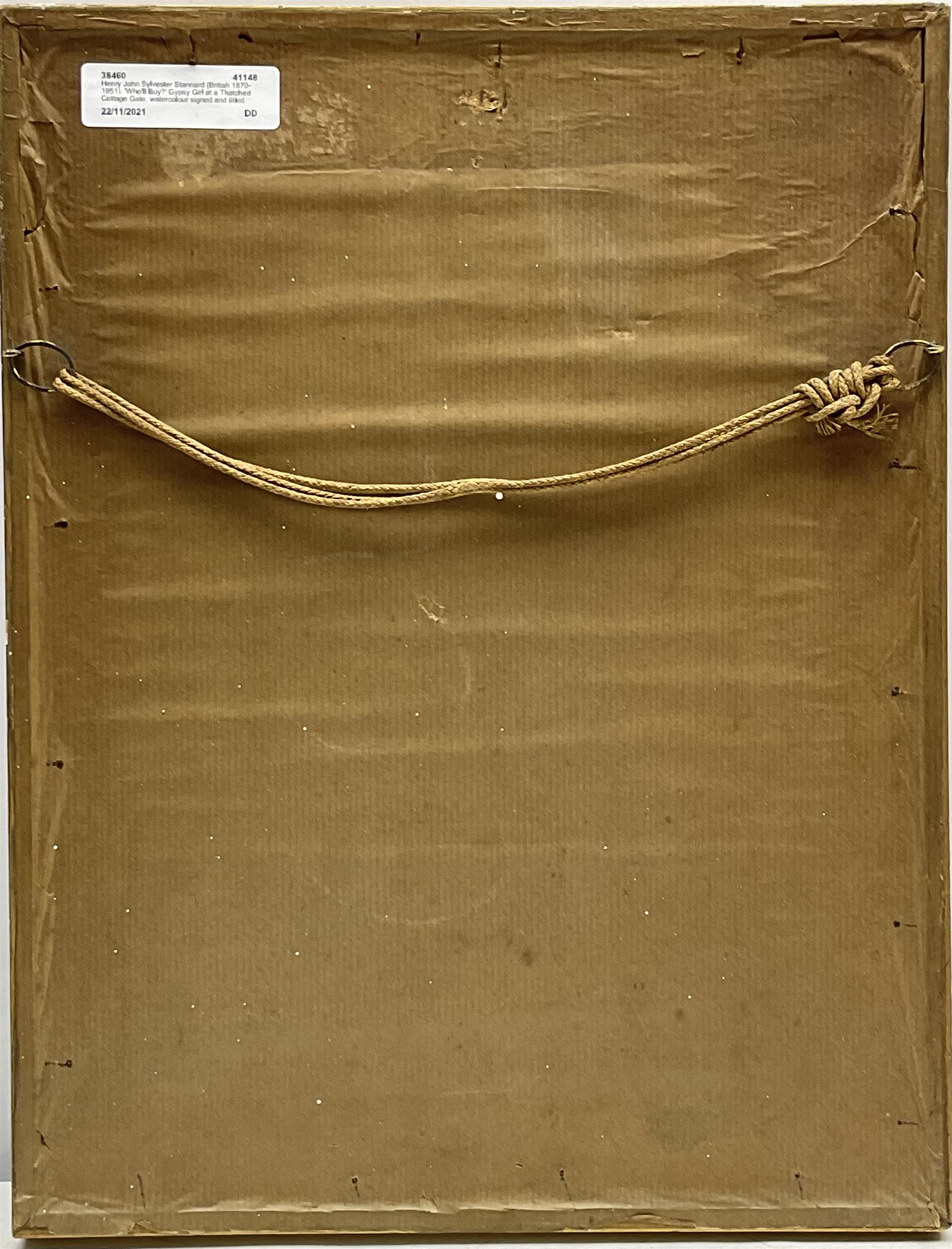 Henry John Sylvester Stannard (British 1870-1951): 'Who'll Buy?' Gypsy Girl at a Thatched Cottage Gate, watercolour signed and titled 24cm x 17cm