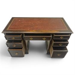 Titchmarsh & Goodwin style desk, rectangular top with inset red leather writing surface, central frieze drawer flanked by three drawers, pedestals fixed to the top, raised on bracket feet 