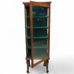 Early 20th-century mahogany wall display cabinet, of tall and narrow rectangular form, moulded cornice above hinged glazed door with four internal shelves, the legs with acanthus carved knee on scroll carved cabriole front legs and stile back legs 