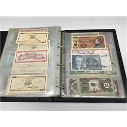 World and Great British banknotes to include Brazil, Canada, France, Germany, Ghana, Indonesia, Iraq, Hong Kong, Hungary, Japan, Vietnam, Zimbabwe, a collection of Chinese ‘Hell Money’, and quantity of ‘De La Rue Systems’ test notes, housed in ring binder and loose