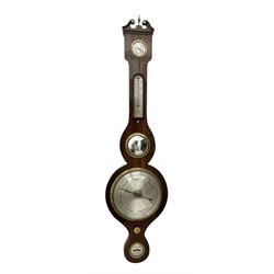English - 19th century rosewood five-glass mercury wheel barometer c1880, with a swan necked pediment and round base, silvered hydrometer, temperature gauge, 8