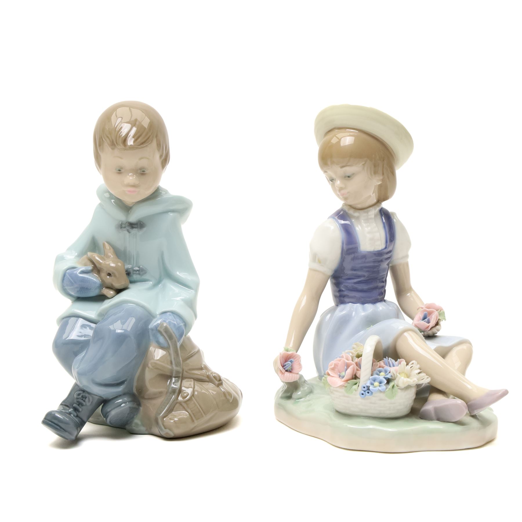 Four Lladro figures and two Nao examples, including Cinderalla, girls picking flowers, girl sewing, etc (6)