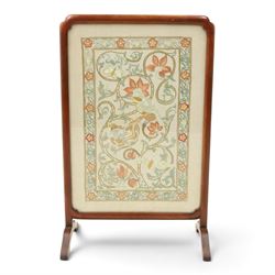 Victorian mahogany firescreen, rounded rectangular frame inset with embroidered panel depi...