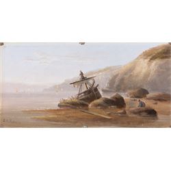 Edward King Redmore (British 1860-1941): Two Boat Scenes with Headlands, two oils on board, together with two further scenes of boats, max 17cm x 18.5cm (4) (one unframed)