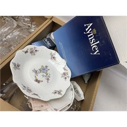 Large Coalport bowl in Hong Kong pattern, together with Coalport mask-head jug, Baccarat glass vase, and other glassware and ceramics, in three boxes 